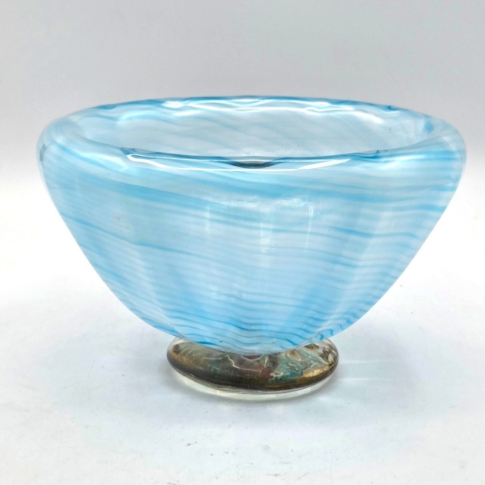 Aqua Blue Swirl THICK‎ Art Glass Bowl With Clear Glass Footed Base -Murano Style